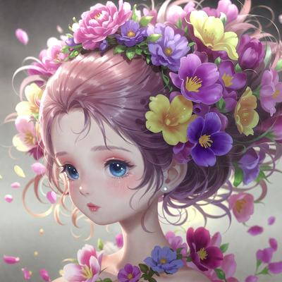 The primary subject of the image is a young girl with a flower crown on her head. She is wearing a dress and has a pink hair color. The setting is a room with a wall, and the visual style is a digital art illustration. The colors and mood of the image are vibrant and cheerful, with the girl being the main focus of the scene.